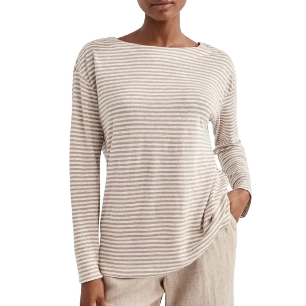 Haven Well Within Linen Jersey Striped Boat Neck‎ Tee, Brown and White, XS, NWOT
